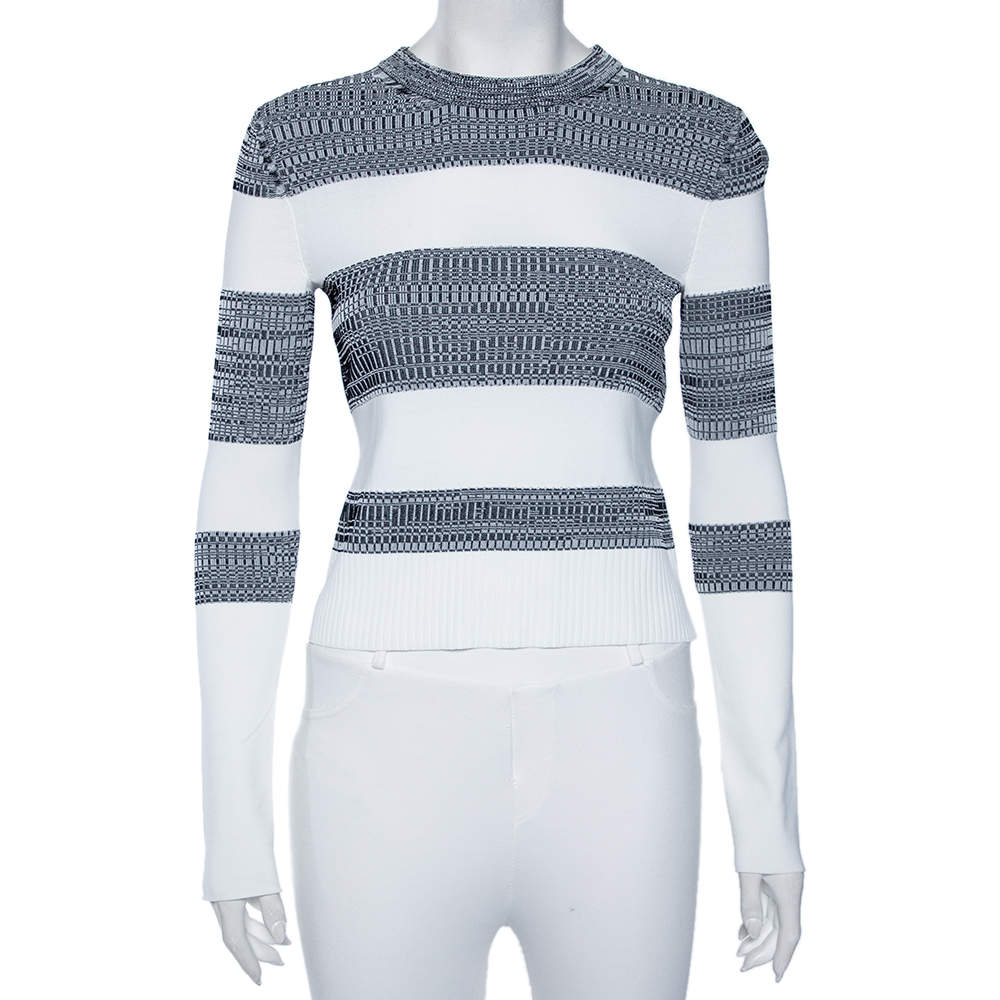 Pre Owned Sportmax White & Grey Knit Long Sleeve Cropped Crewneck Top XS