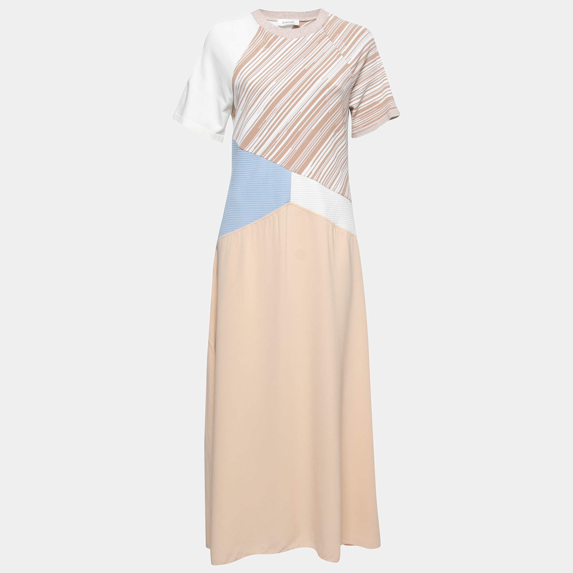 Pre Owned Sportmax Beige Multicolor Crepe & Patterned Knit Midi Dress L