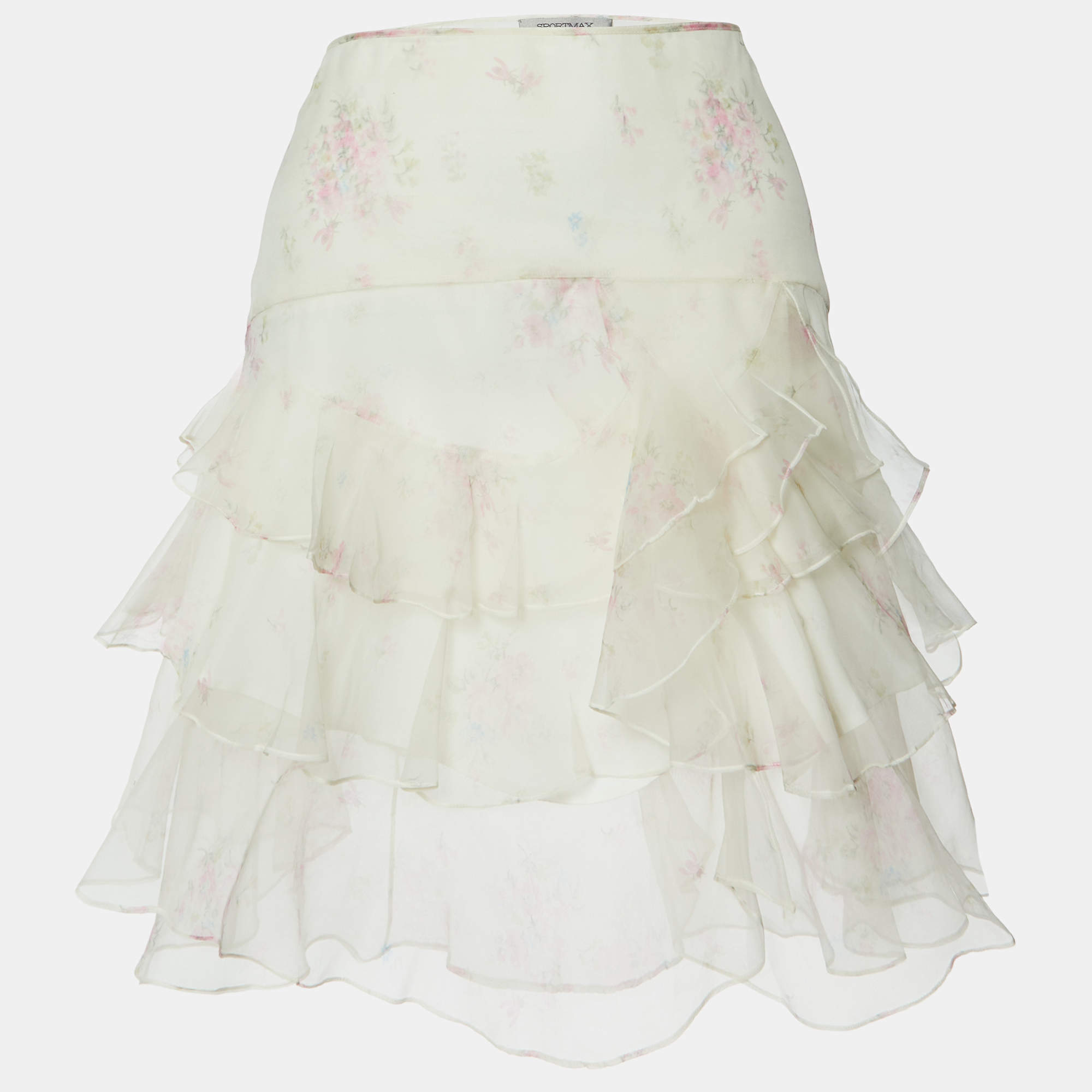 Pre Owned Sportmax White Floral Print Organza Tiered Skirt L