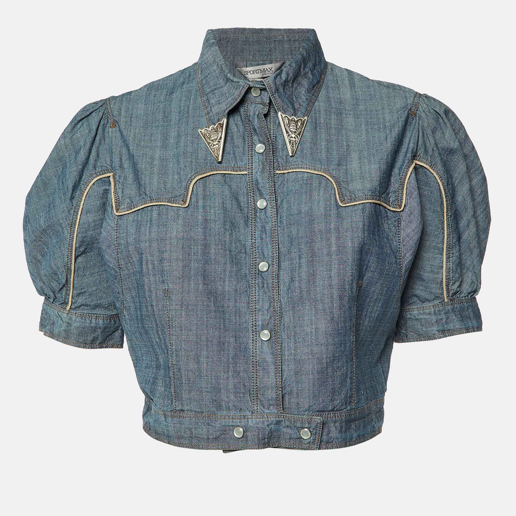 Pre Owned Sportmax Blue Cotton Collar Detail Button Front Blouse M