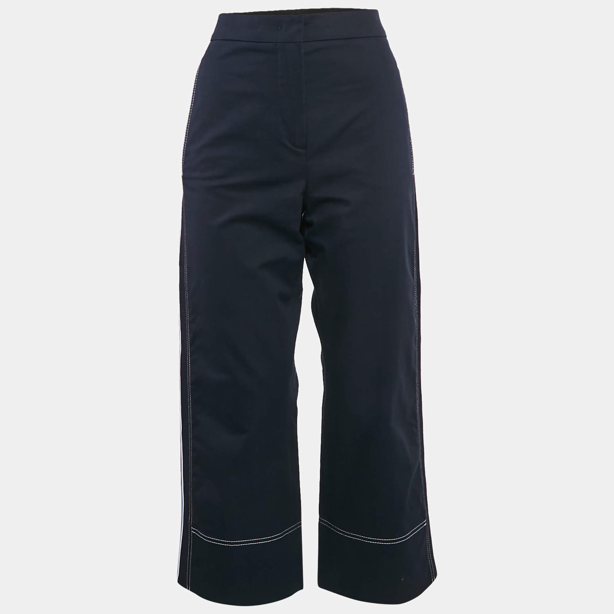 Pre Owned Sportmax Navy Blue Gabardine Cotton Contrast Trim Straight Leg Pants S