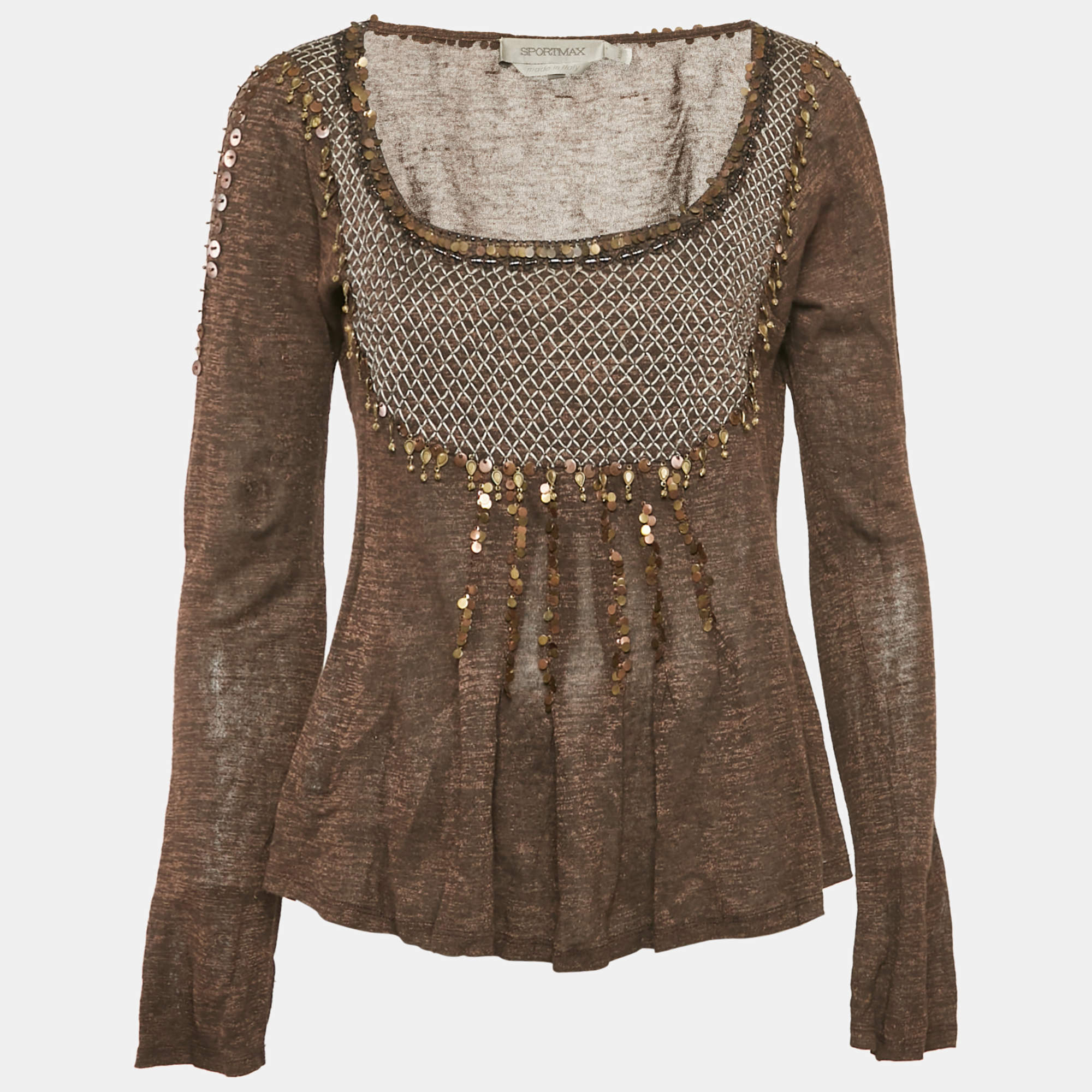 Pre Owned Sportmax Brown Embellished Lurex Knit Long Sleeve Top L 