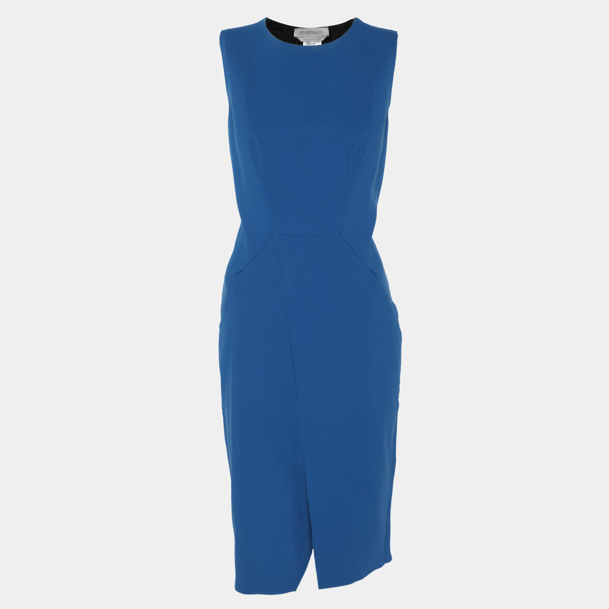 Pre Owned Sportmax Blue/Black Stretch Crepe Knit Midi Dress M