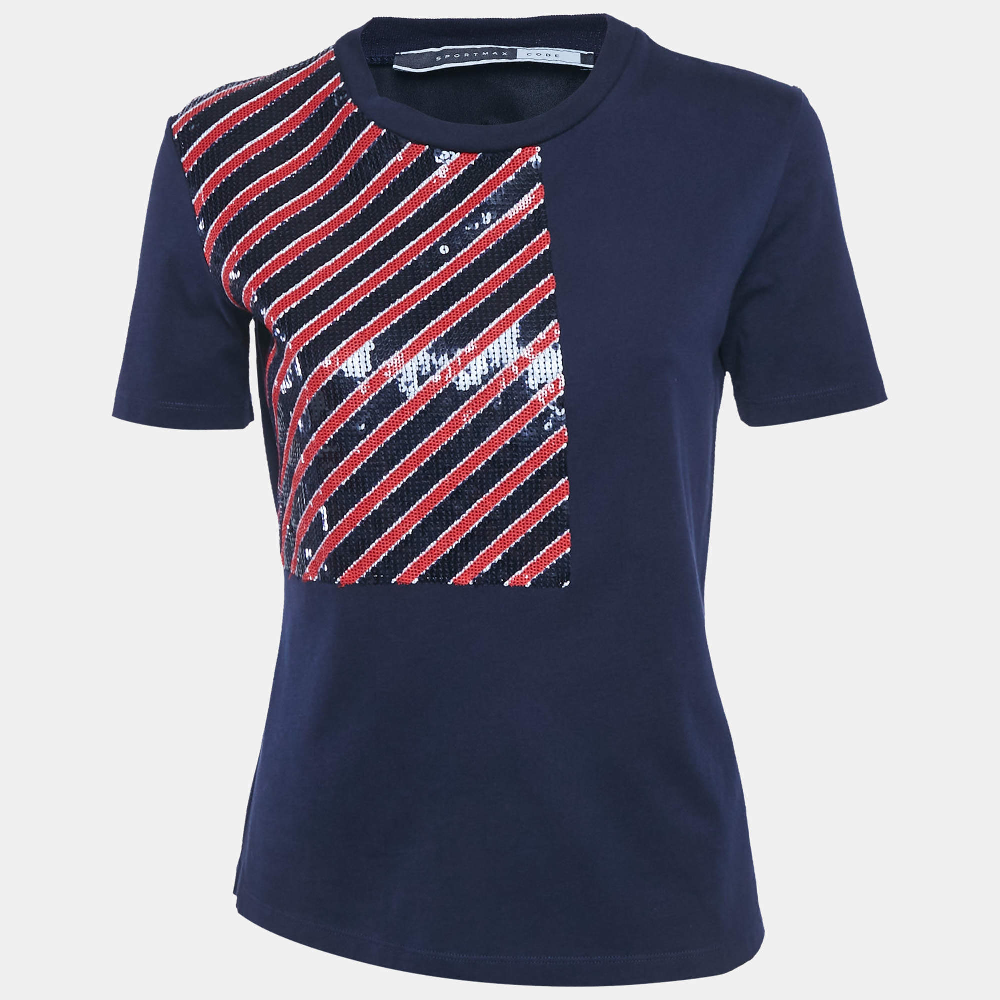 Pre Owned Sportmax Code Navy Blue Sequin Embellished Cotton T-Shirt M