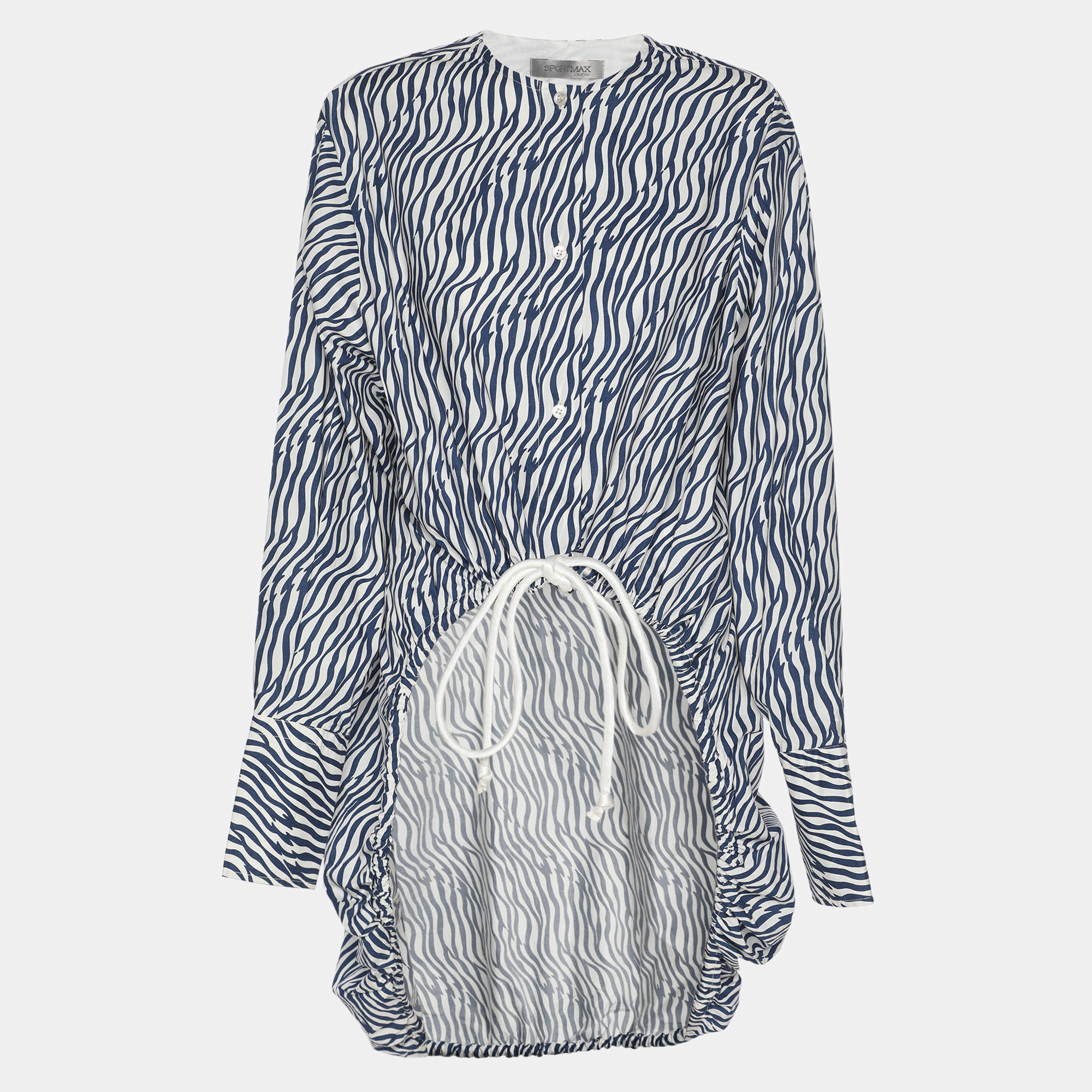 Pre Owned Sportmax Blue/White Animal Print Cotton Drawstring Long Sleeve Tops S