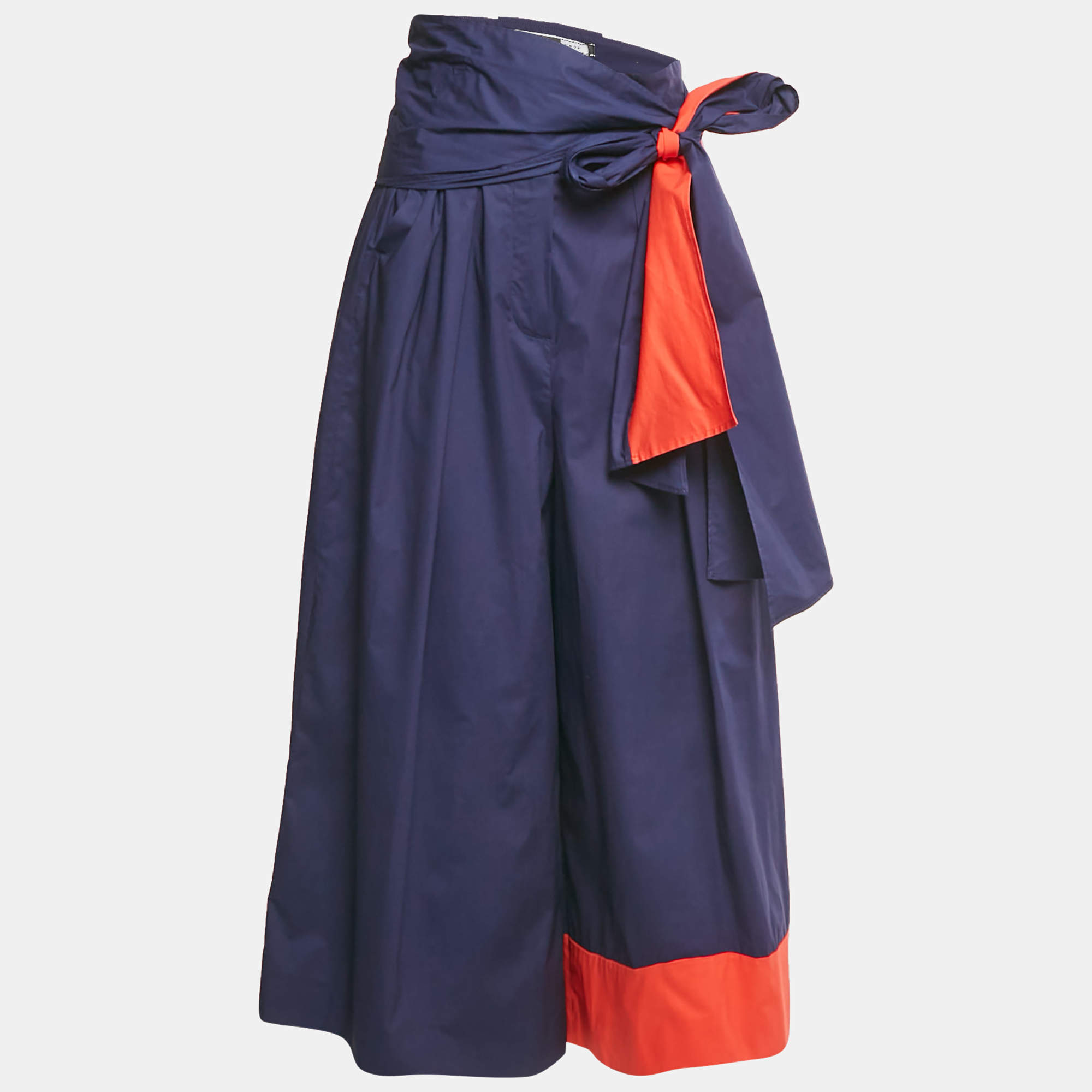 Pre Owned Sportmax Navy Blue Cotton Contrast Side Trim Wide Leg Trousers S