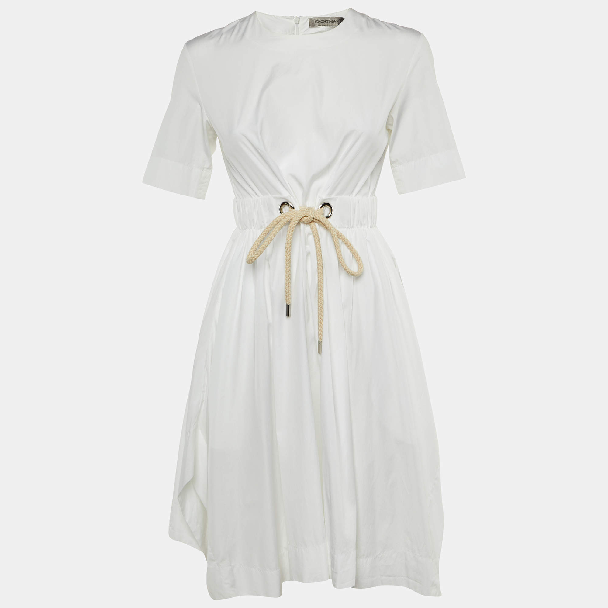 Pre Owned Sportmax White Cotton Belted Handkerchief Hem S