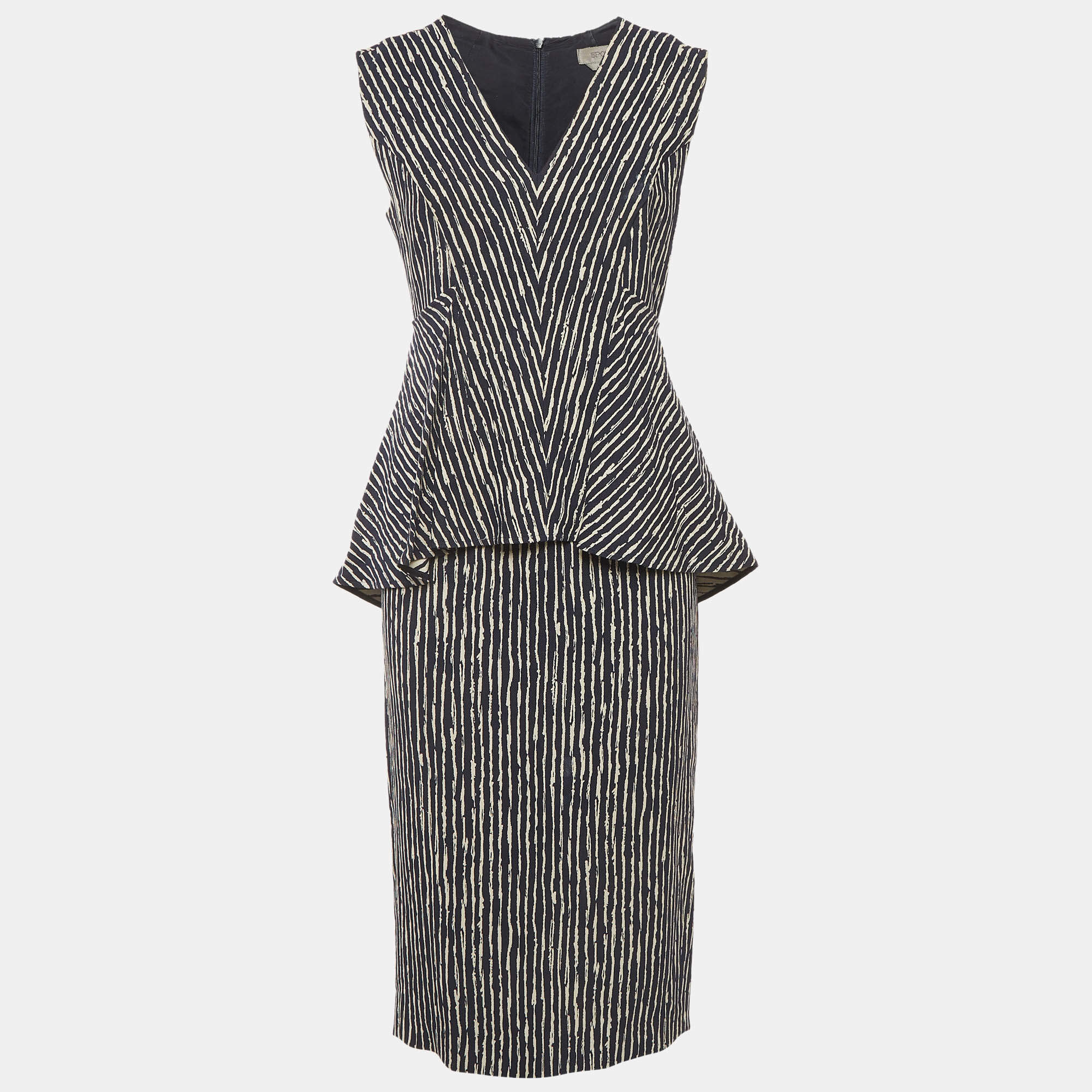 Pre Owned فستان سبورت ماكس كريب قصير مع بيبلوم مقلم أزرق كحلي/أبيض مقاس متوسط - ميديوم