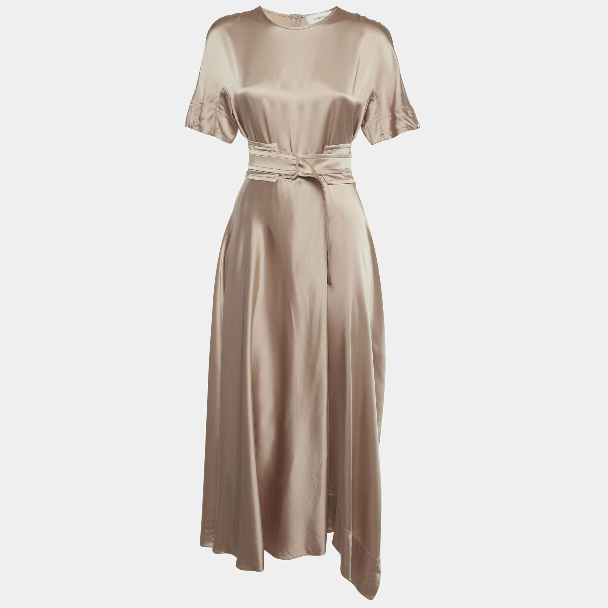 Pre Owned Sportmax Beige Satin Flared Maxi Dress L