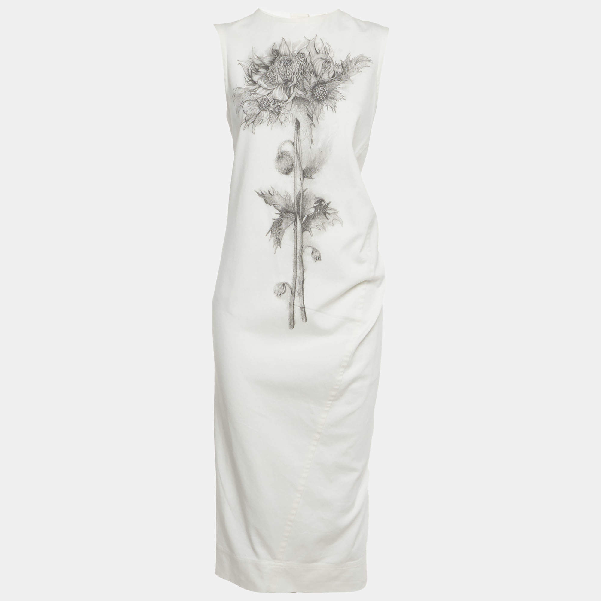 Pre Owned Sportmax White Floral Print Denim Midi Dress M