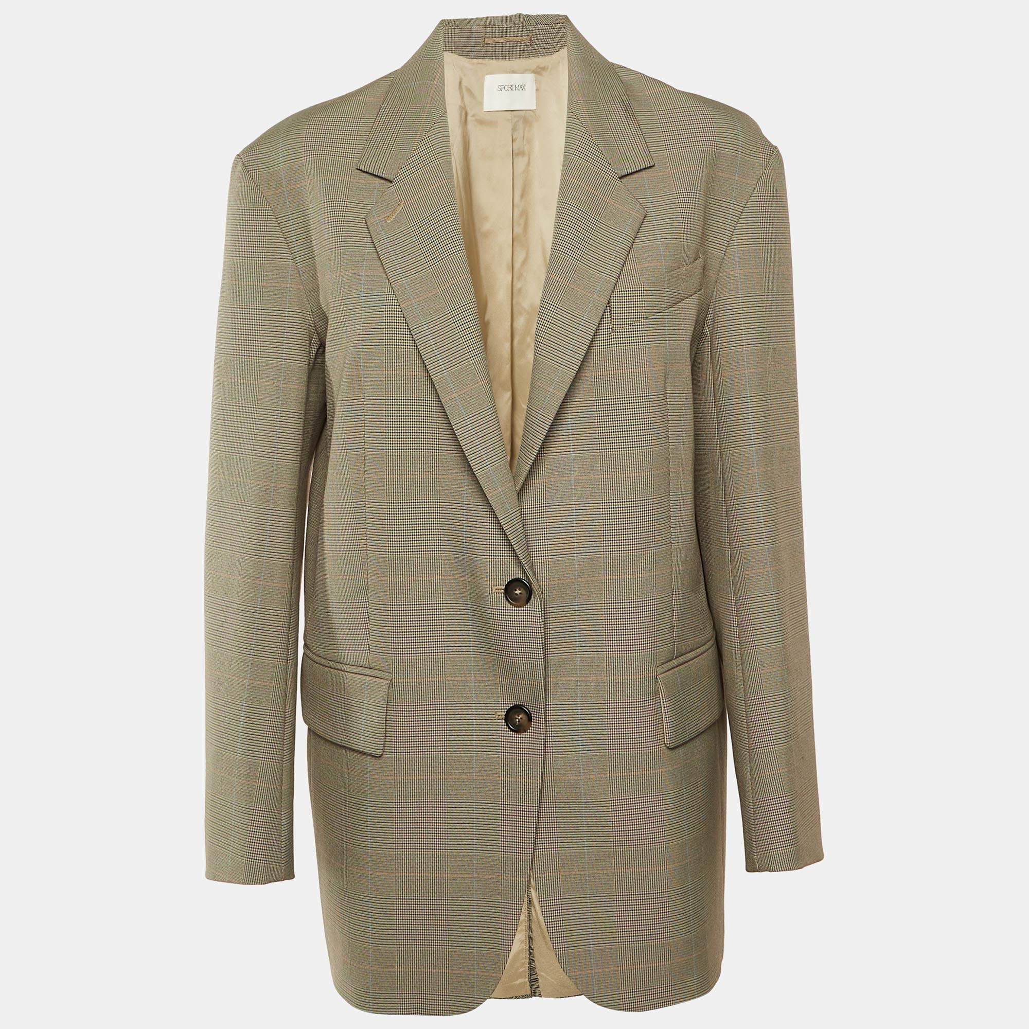 Pre Owned Sportmax Beige Houndstooth Pattern Crepe Oversized Blazer S