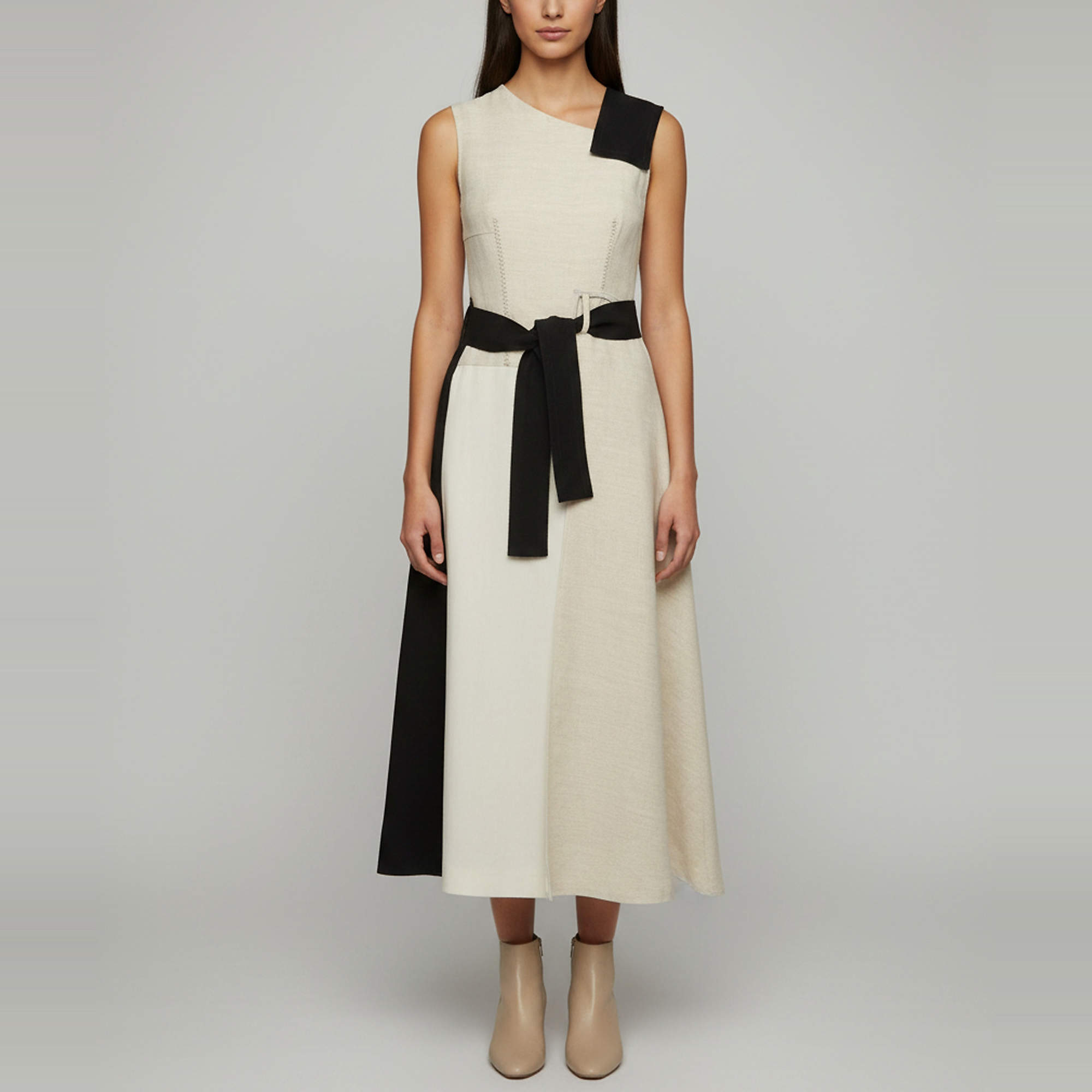 Pre Owned Sportmax Two-Tone Linen and Velvet Asymmetric Midi Dress XS