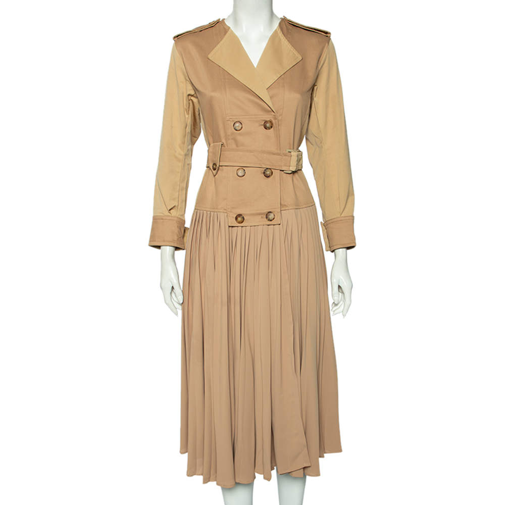 Pre Owned Sportmax Beige Cotton & Georgette Double Breasted Pleated Belted Coat S