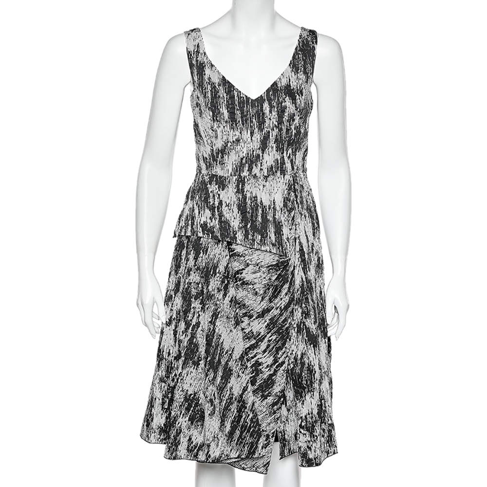Pre Owned Sportmax Monochrome Printed Seer Sucker Overlay Detailed Sleeveless Dress S