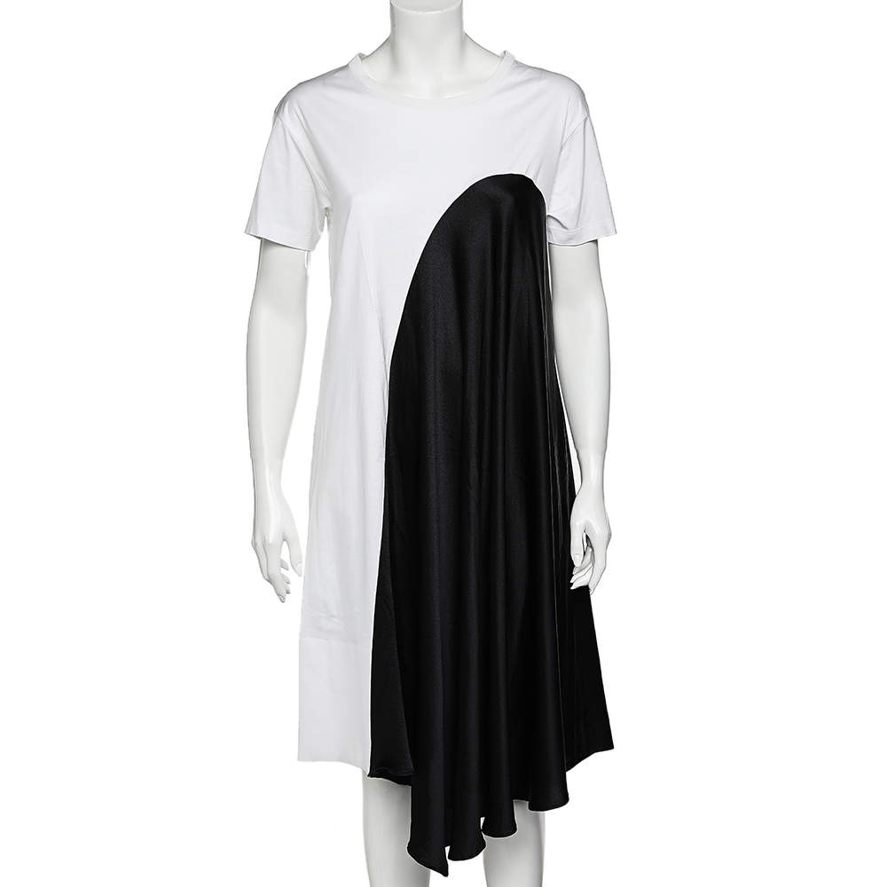 Pre Owned Sportmax Defile Monochrome Cotton Knit & Sateen Asymmetric Hem Midi Dress S