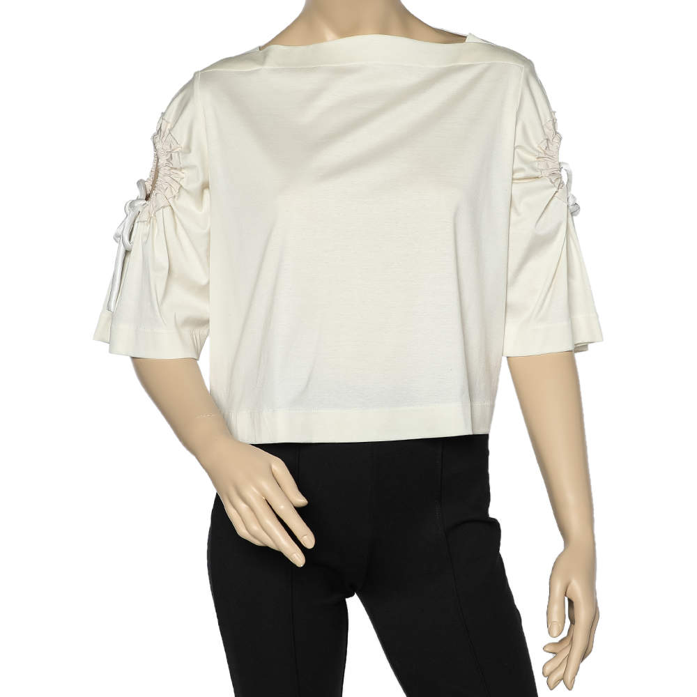Sportmax Off White Cotton Knit Sleeve Tie Detail Crop Top S