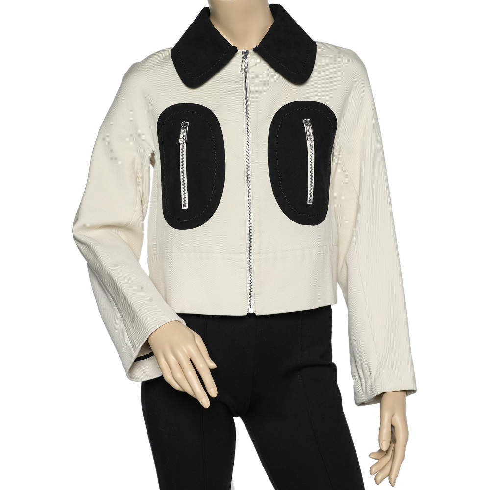 Pre Owned Sportmax Defile Off White Cotton Contrast Detail Zip Front Jacket S