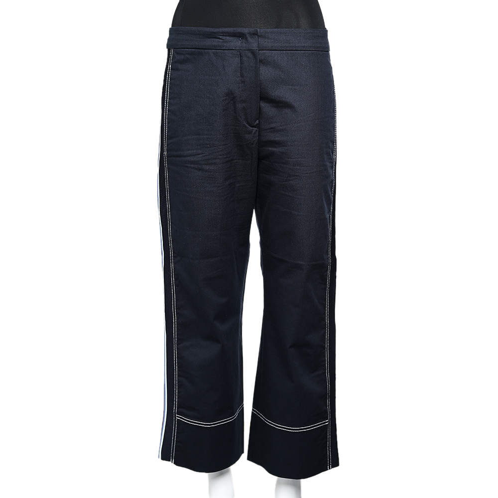 Pre Owned Sportmax Defile Navy Blue Cotton Contrast Trim Straight Leg Pants S