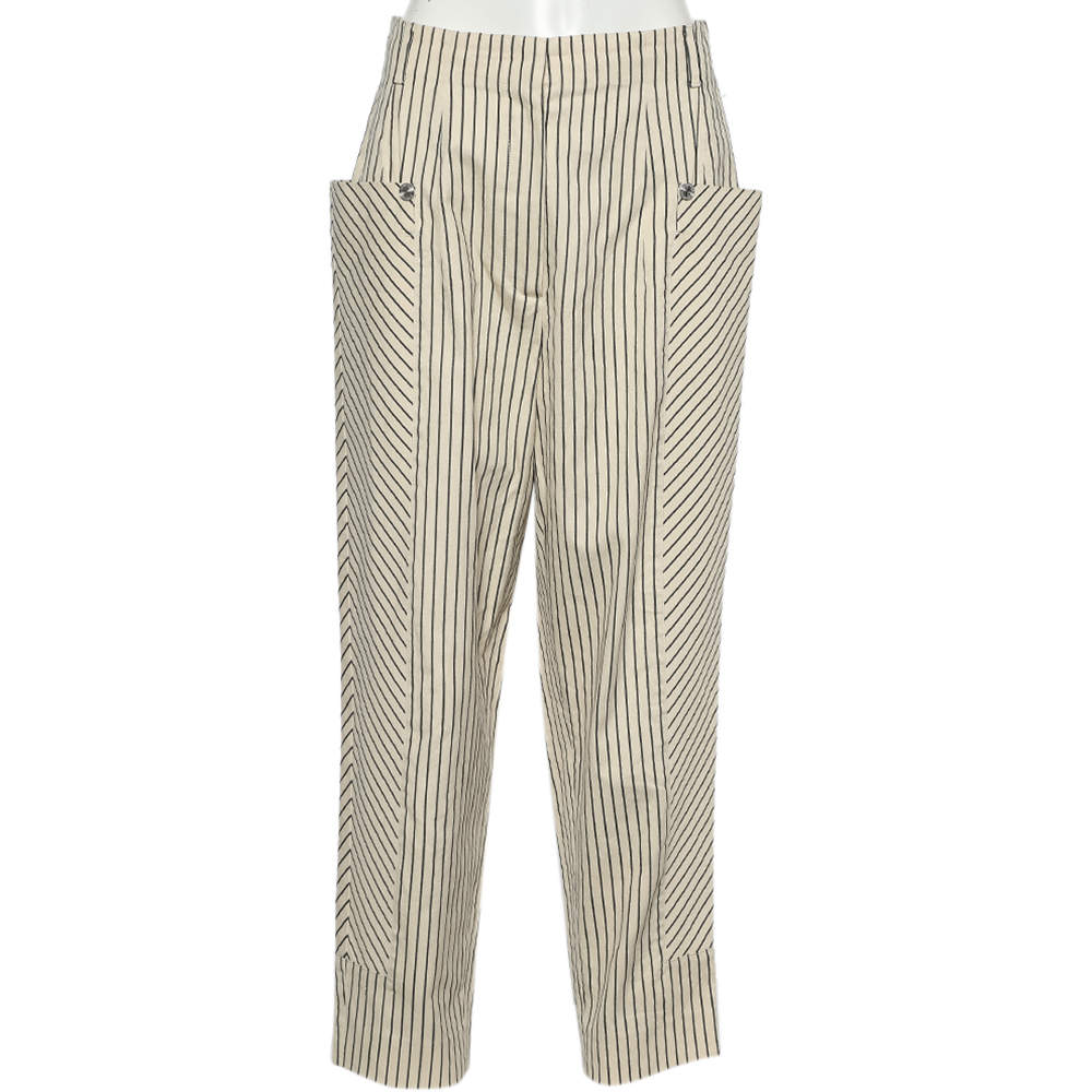 Pre Owned Sportmax Cream Striped Cotton Paneled Trousers M