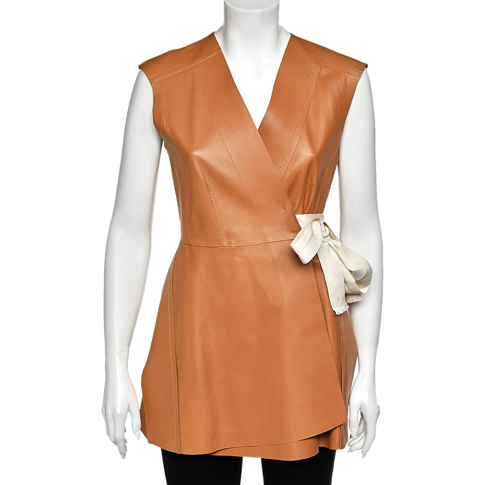 Pre Owned Sportmax Brown Leather Belted Wrap Sleeveless Jacket M
