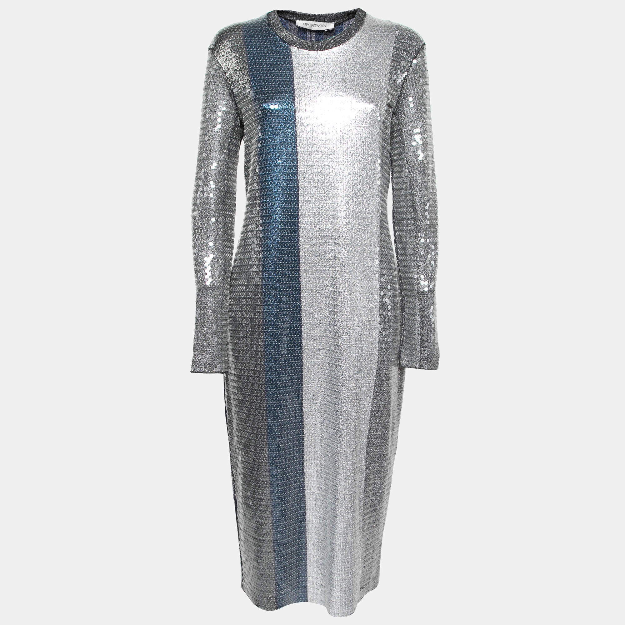 Sportmax Metallic Stripe Knit Sequin Embellished Long Sleeve Dress L