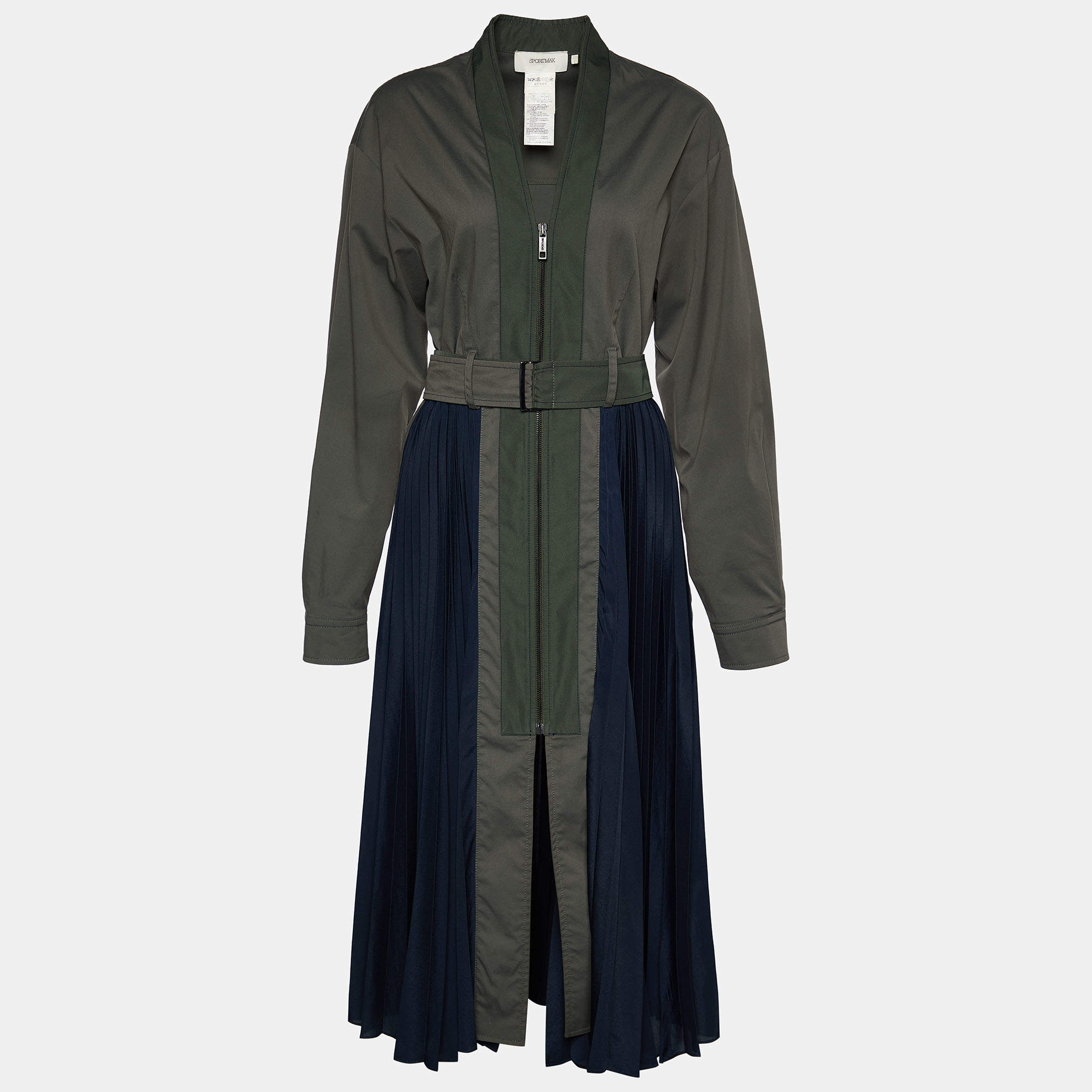 Sportmax Olive Green Cotton & Plisse Belted Midi Coat Dress M