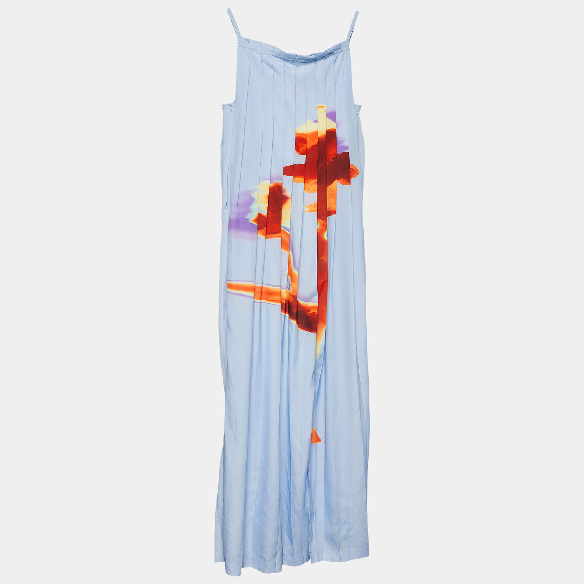 Sportmax Blue Crepe Pleated Floral Print Slip Dress S
