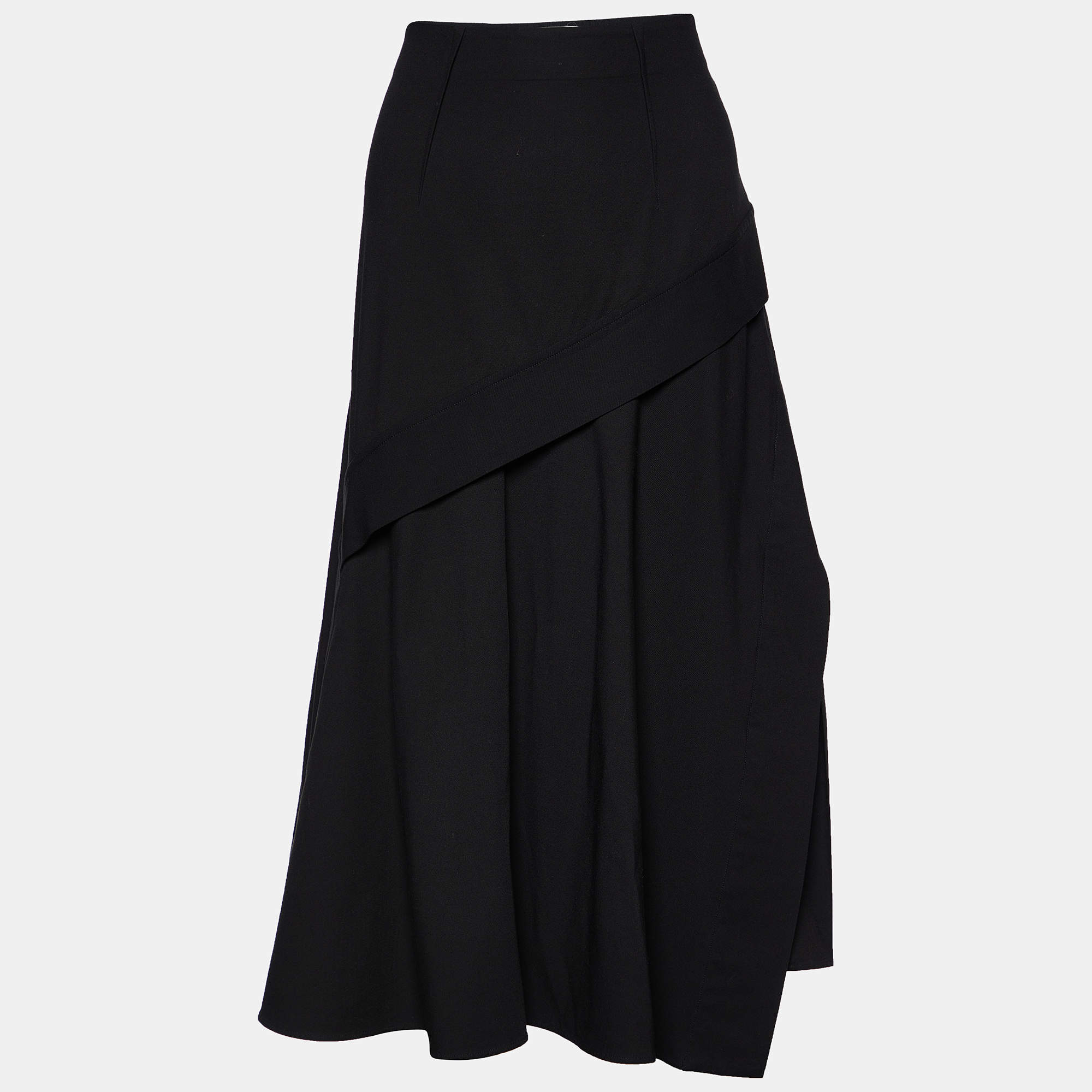 Pre Owned Sportmax Black Wool Crepe Ruffle Detail Midi Skirt M