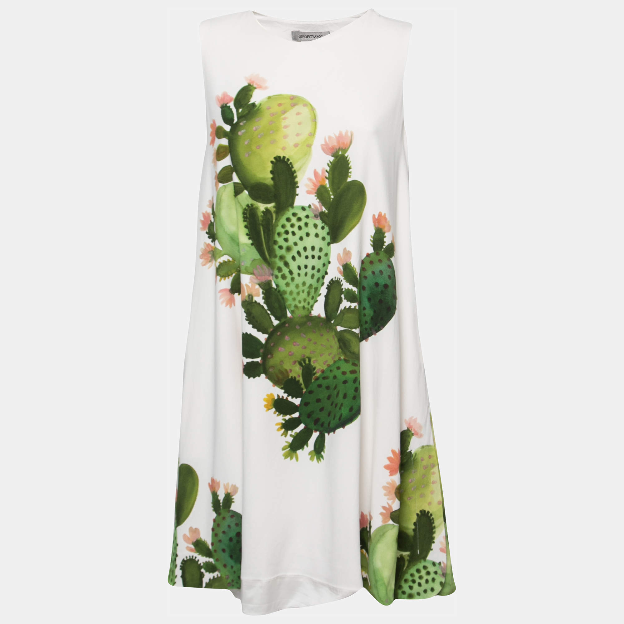 Pre Owned Sportmax White Cactus Print Crepe Sleeveless A-Line Dress M