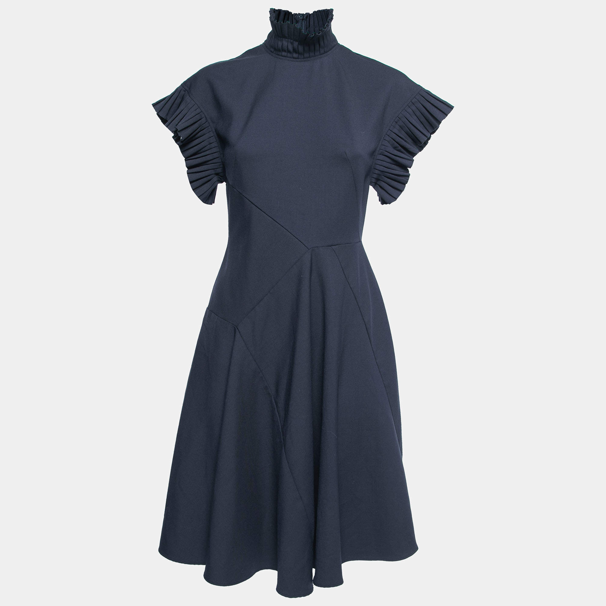 Pre Owned Sportmax Dark Blue High Neck Sleeveless A-line Midi Dress S