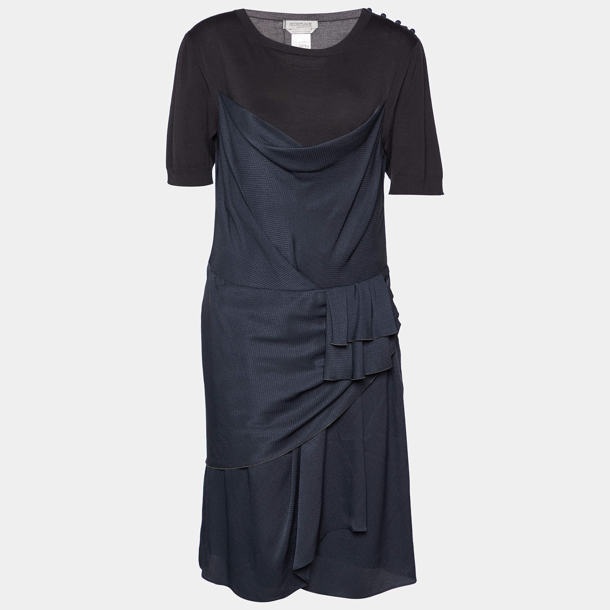 Sportmax Charcoal Grey Wool & Silk Draped Mini Dress L