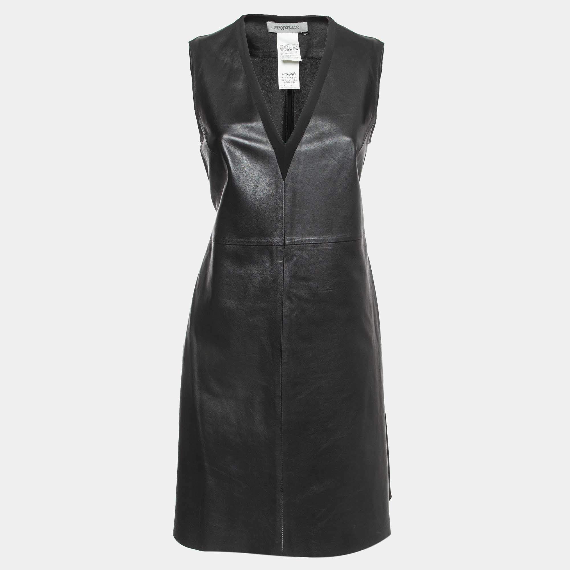 Pre Owned Sportmax Black Lambskin Leather V-Neck Sleeveless Dress S