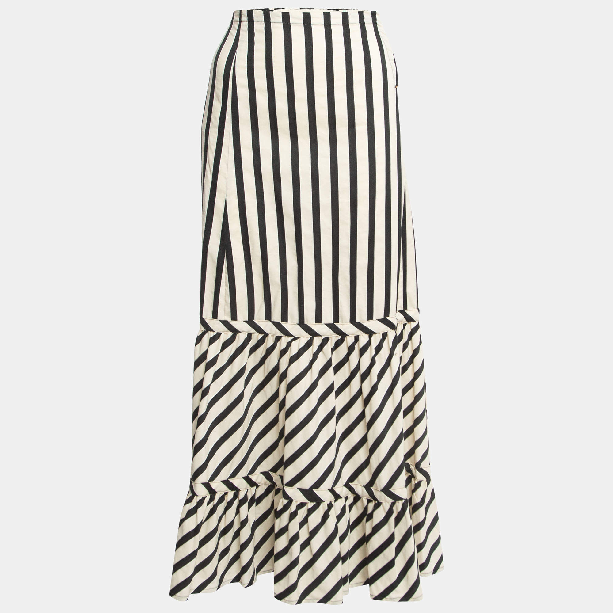 Sportmax Cream/Black Striped Cotton Blend Ruffled Maxi Skirt M