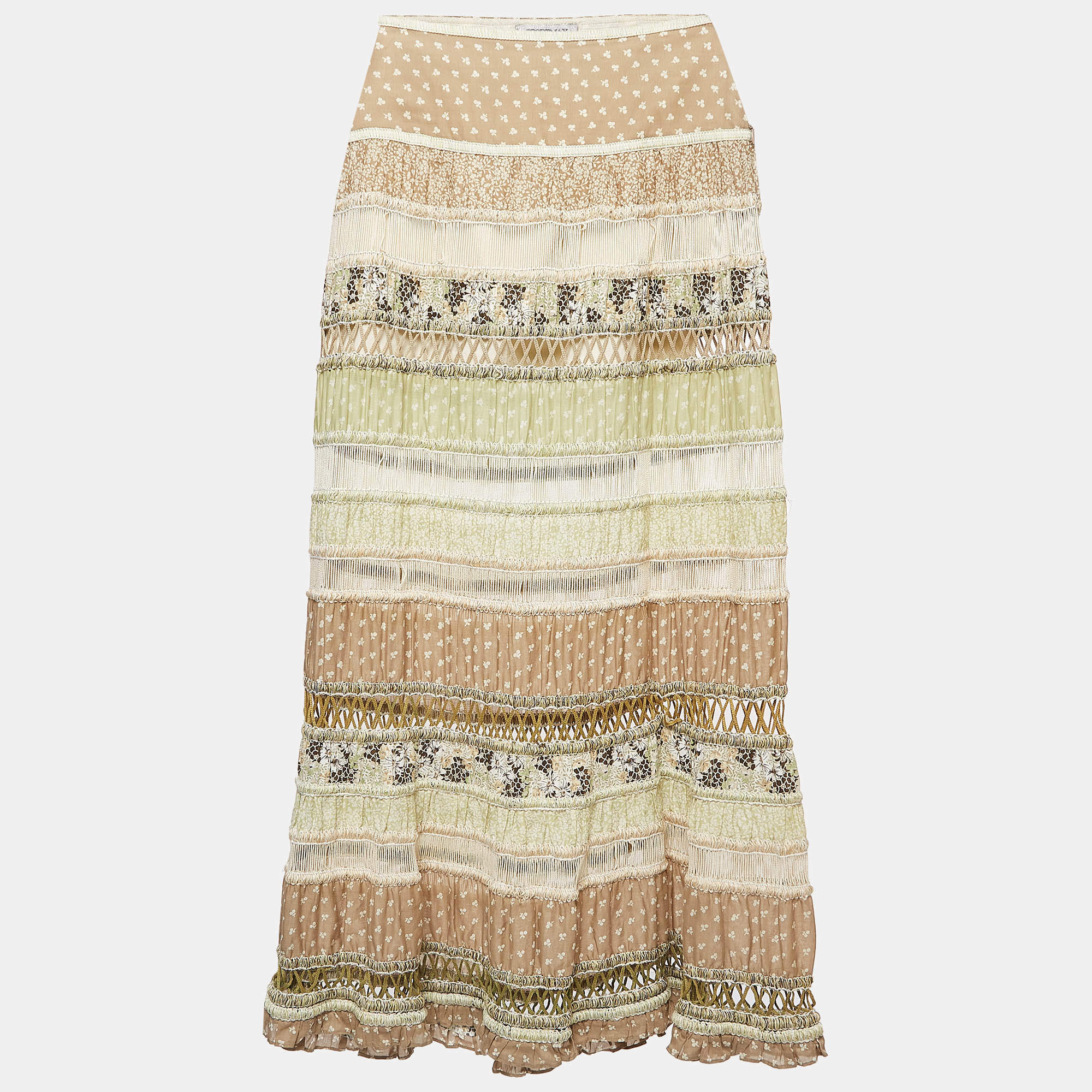 Pre Owned Sportmax Multicolor Floral Print Crochet and Cotton Tiered Maxi Skirt S