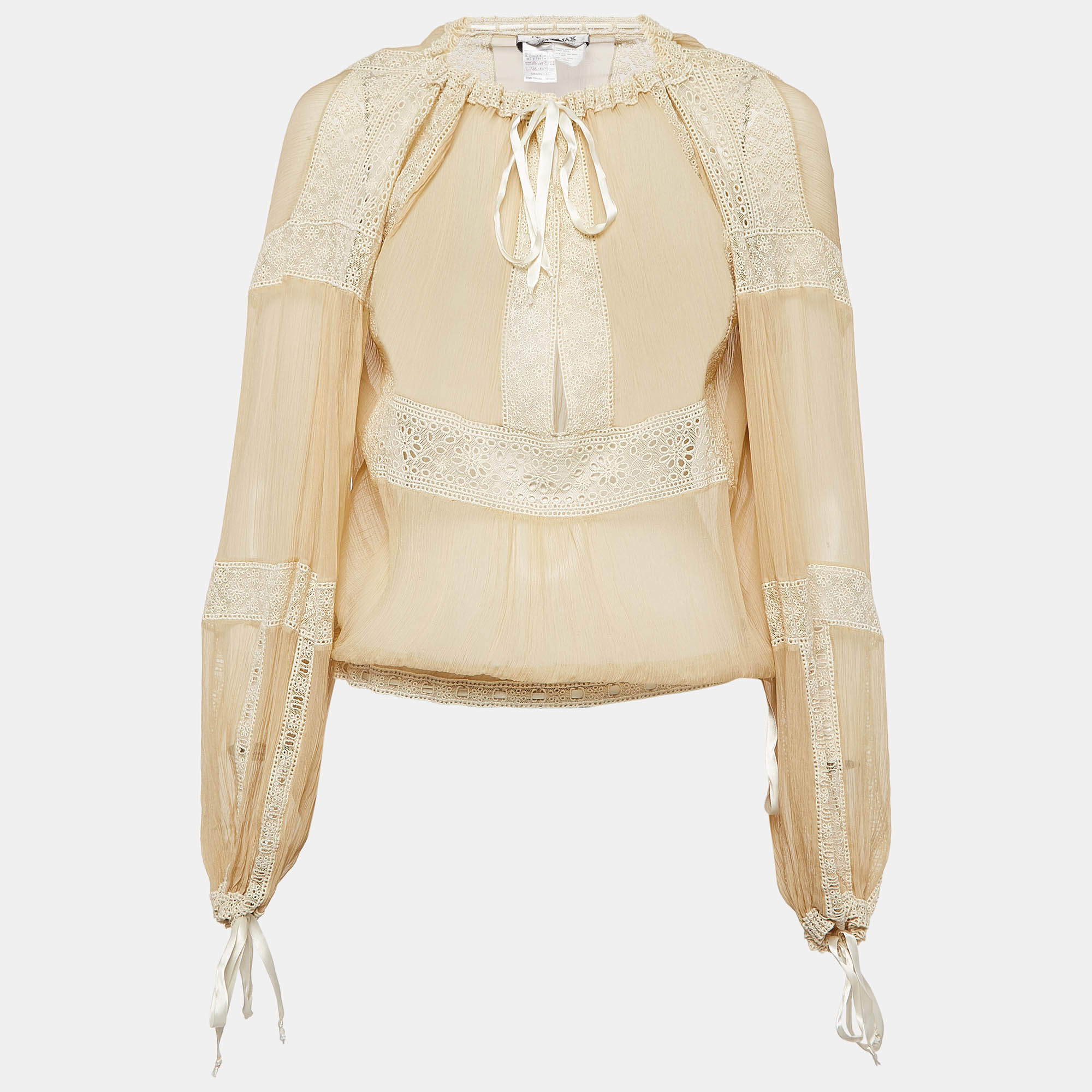 Pre Owned Sportmax Beige Lace and Silk Tie-Up Detail Blouse S