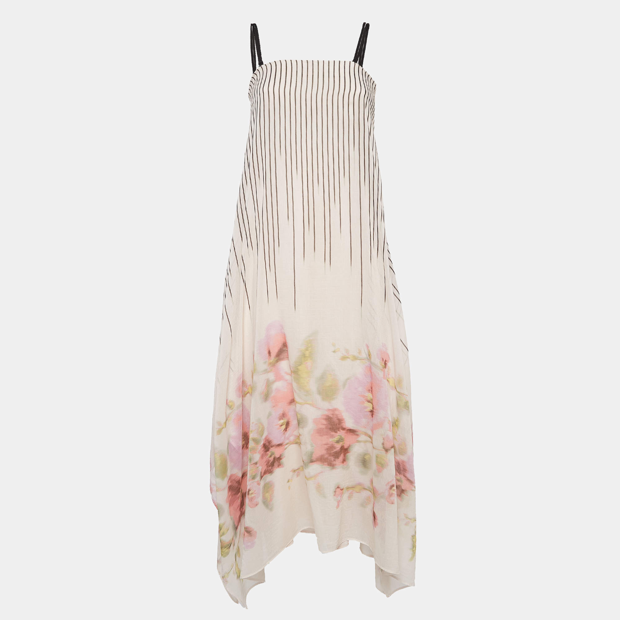 Pre Owned Sportmax Pink Stripe and floral Print Cotton Asymmetric Midi Dress M