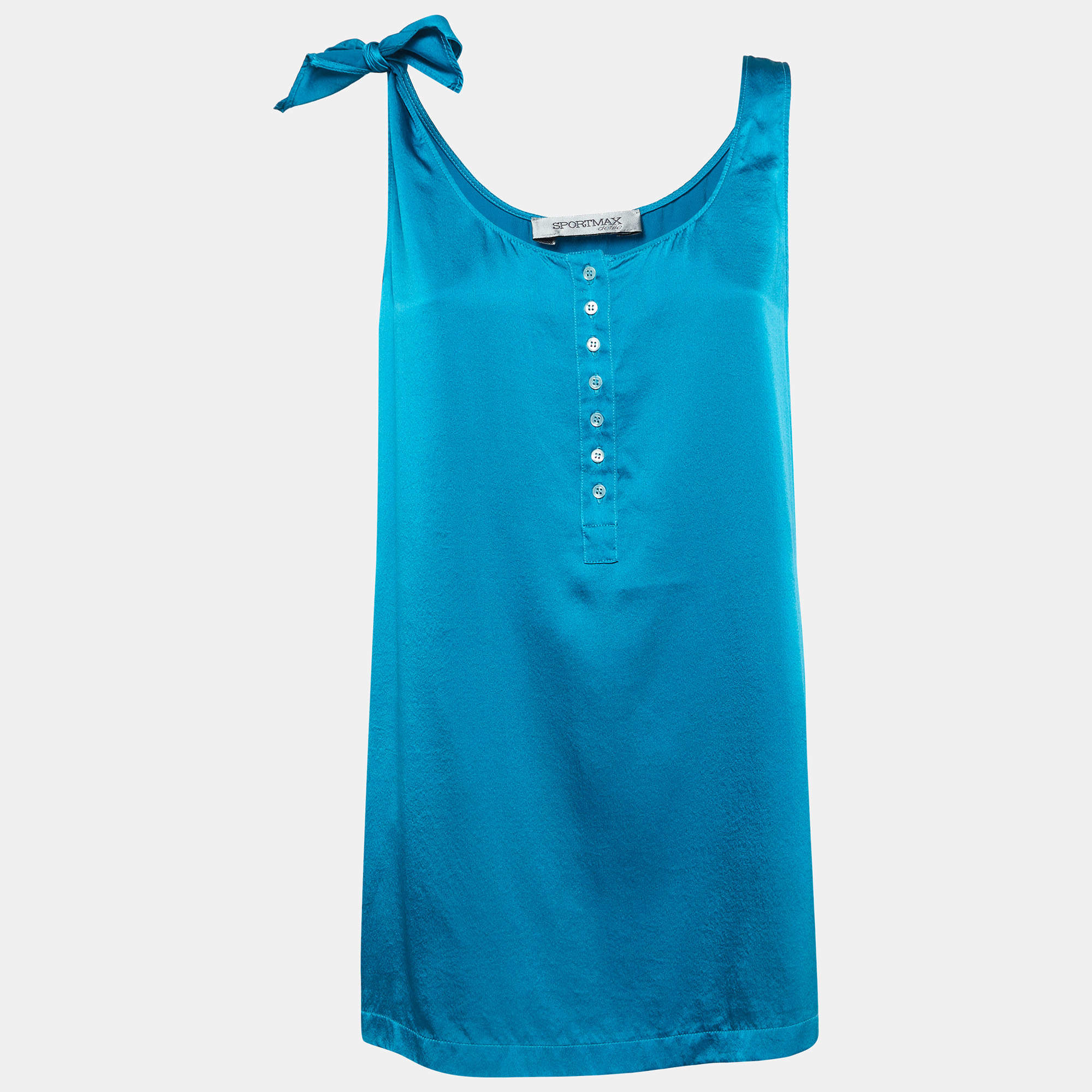 Pre Owned Sportmax Blue Satin Silk Tie-Up Sleeve Buttoned Top S