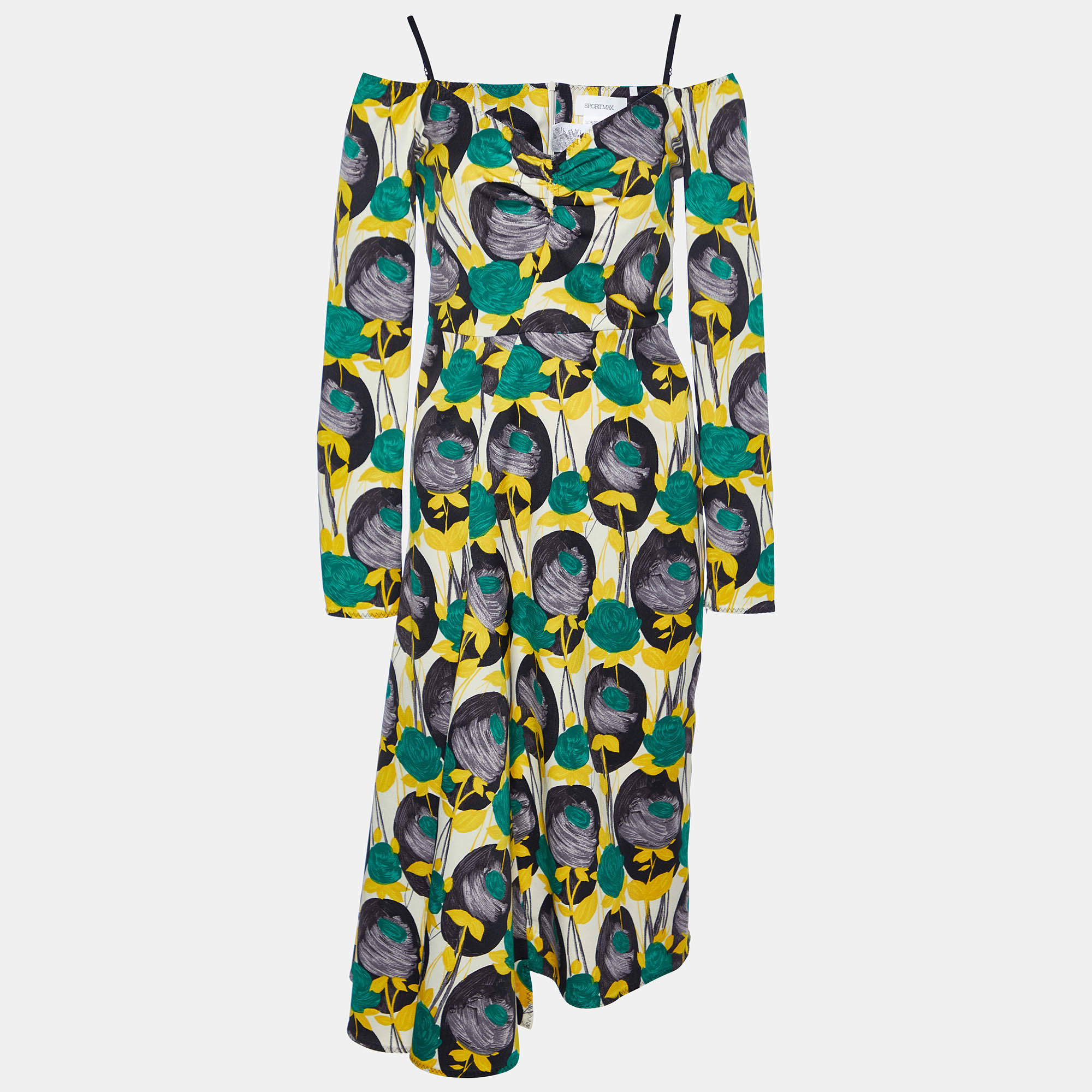 Pre Owned Sportmax Yellow Floral Print Faille Asymmetric Midi Dress S