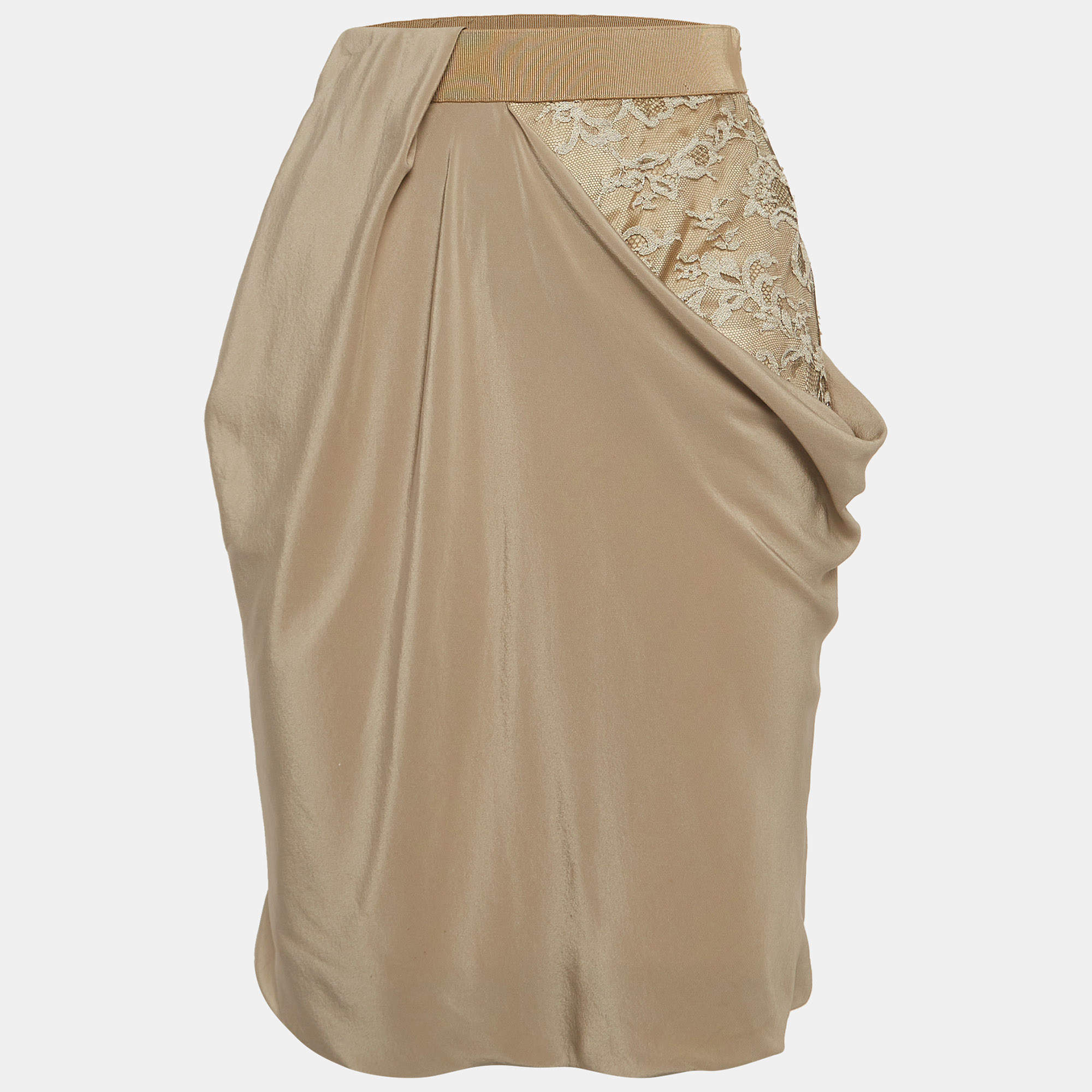 Pre Owned Sportmax Beige Lace Trim Silk Draped Pencil Skirt S