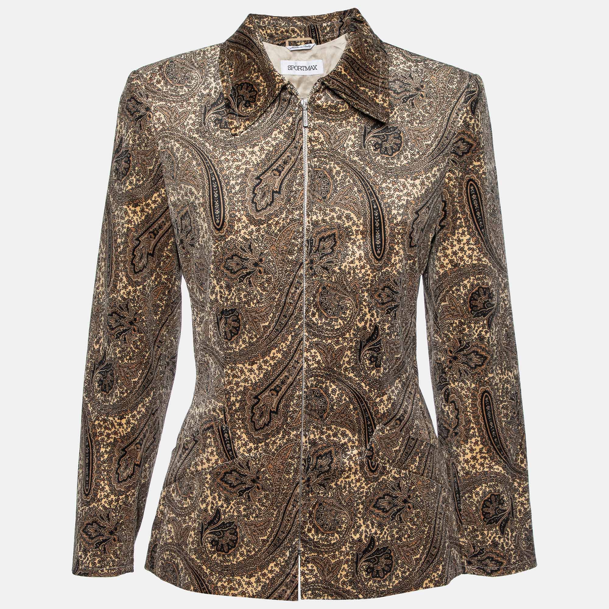 Sportmax Beige Paisley Print Velvet Zip Up Jacket M