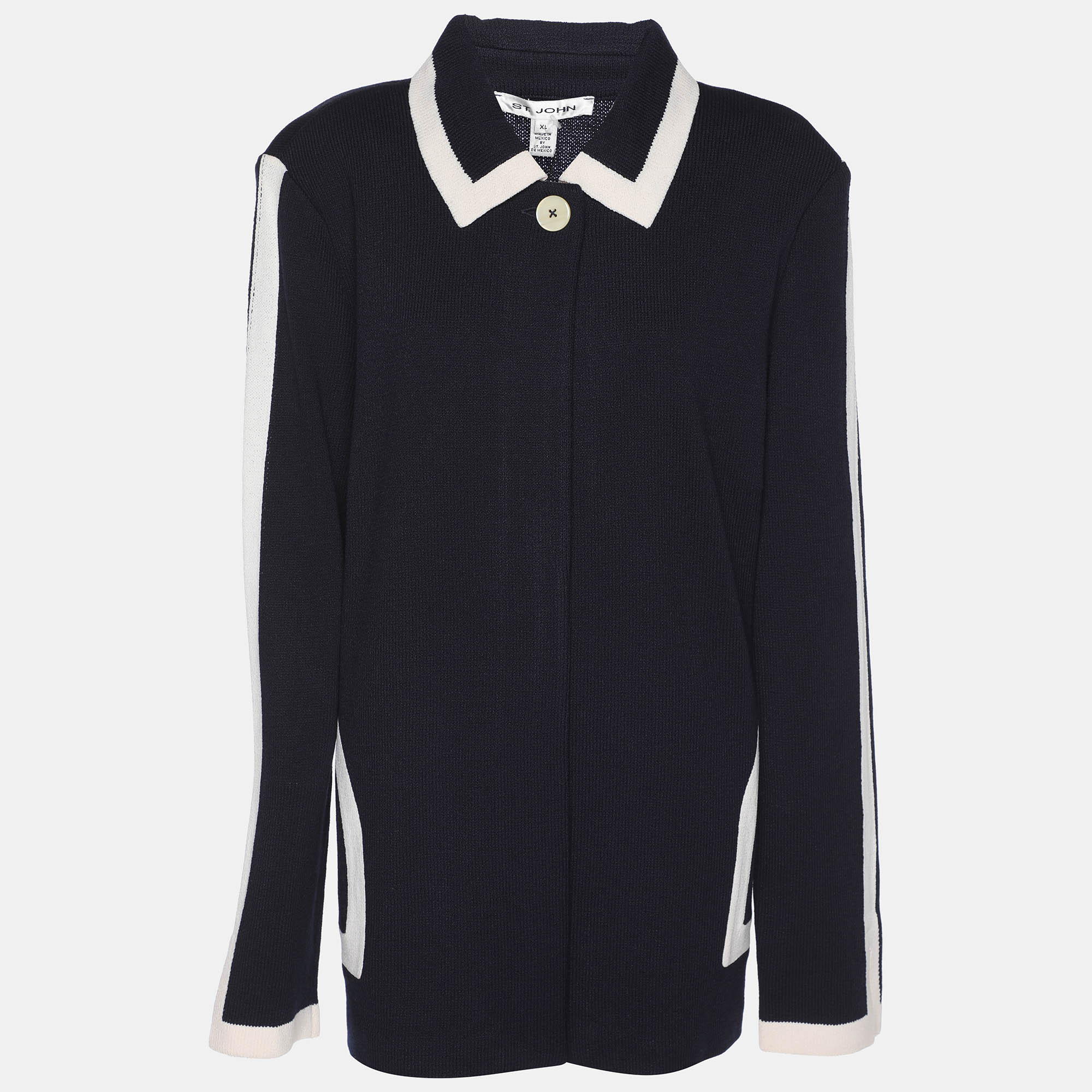 Pre Owned St. John Navy Blue/Cream Wool Rib Knit Sweater XL