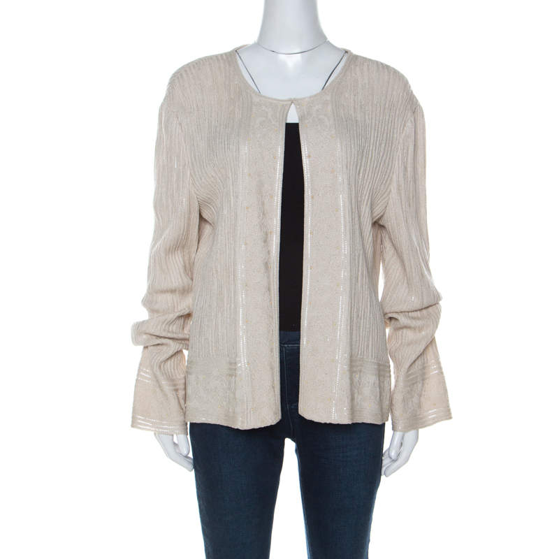 St. John Beige Rib Knit Embellished Open Cardigan XL