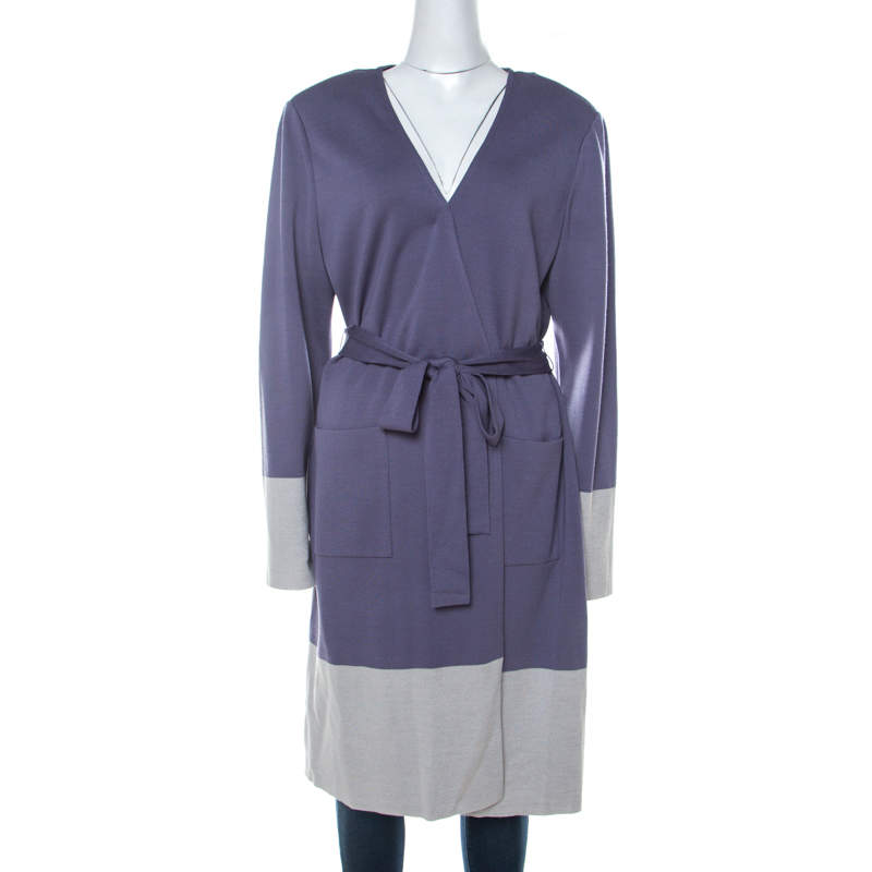 St. John Purple Knit Padded Shoulder Detail Belted Cardigan XL