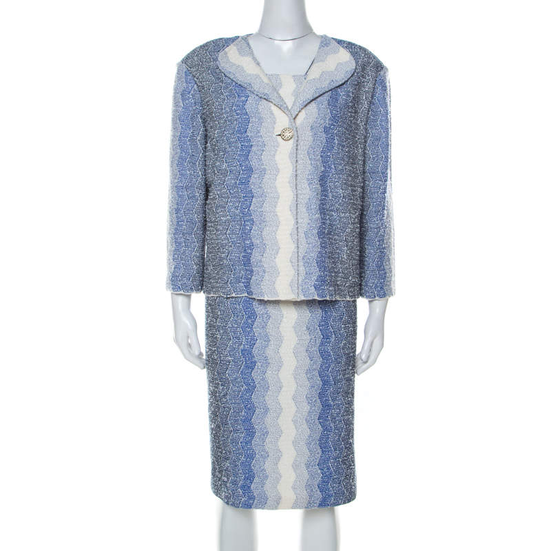 St. John Blue and White Chevron Pattern Tweed Dress and Jacket Set XL