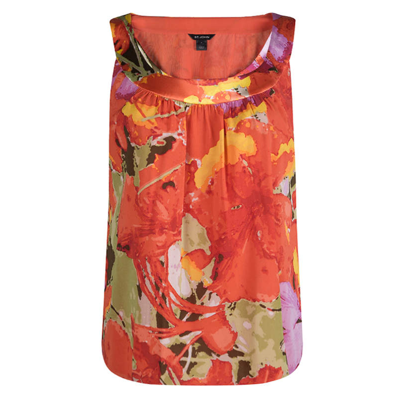 Pre Owned St. John Orange Floral Printed Silk Sleeveless Top M