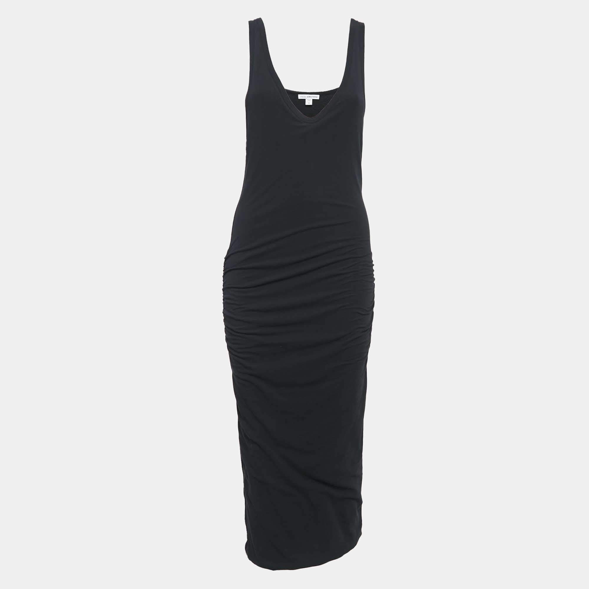 Standard James Perse Black Jersey Ruche Detail Midi Dress S