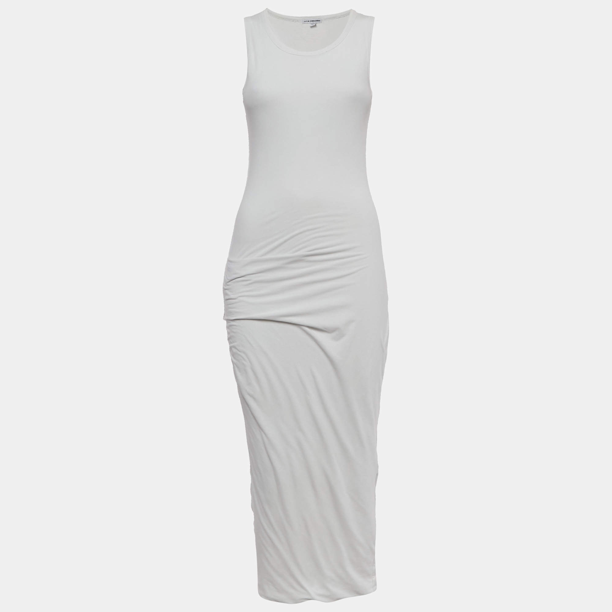 Pre Owned Standard James Perse White Jersey Ruche Midi Dress S