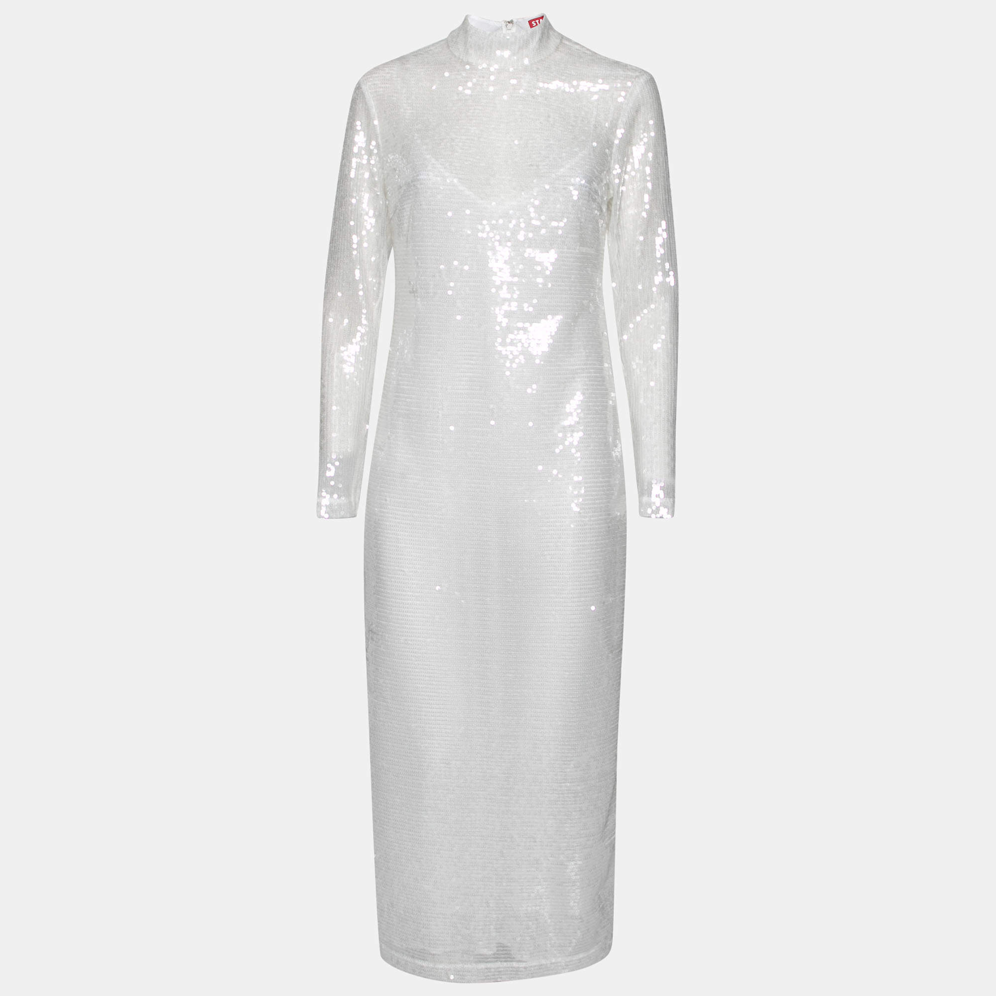 Staud White Sequin Embellished Long Sleeve Midi Dress M
