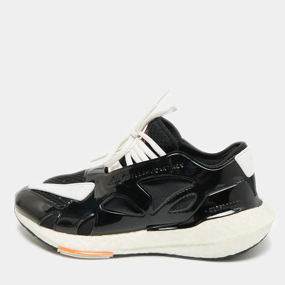 Pre Owned Stella McCartney Adidas Ultra Boost 22 Size 36.5 Black/White Fabric and Faux Patent Leather Lace Up Sneakers
