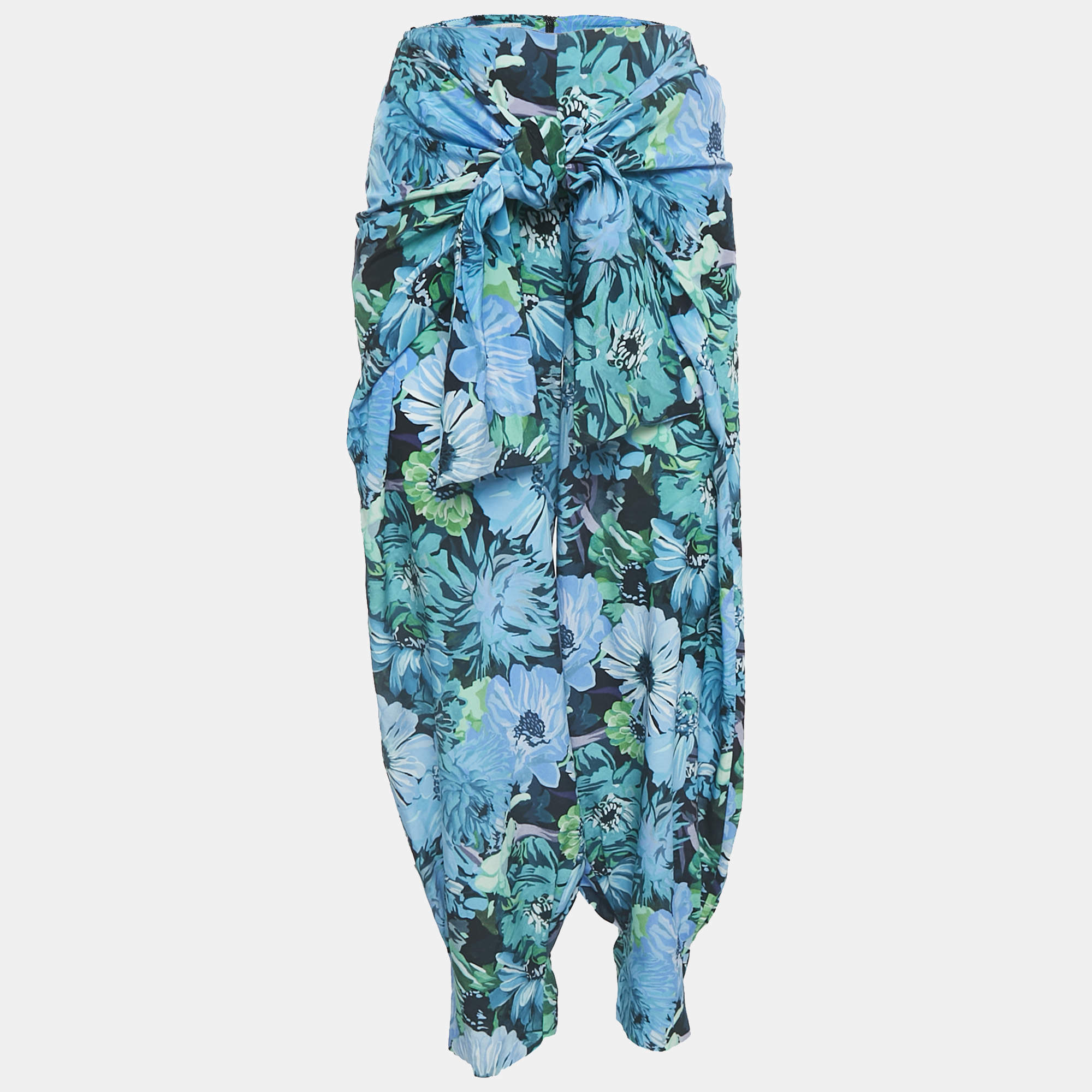 Stella McCartney Blue Floral Print Silk Tie-Up Trousers S